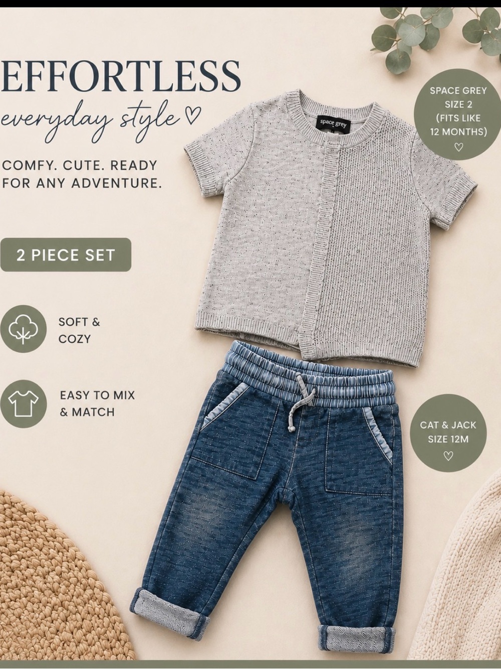 Cat & Jack Space Grey Knit Top and Blue Denim-Style Jogger Set
